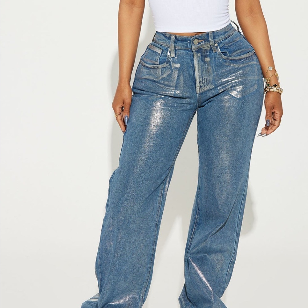 Fashion Nova Cold As Ice Foil Print Baggy Jeans - Silver